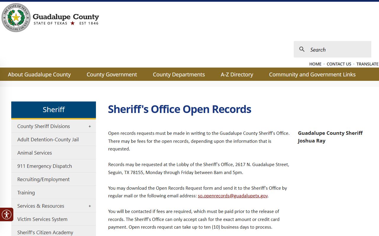 Guadalupe County jail mugshots open records request page